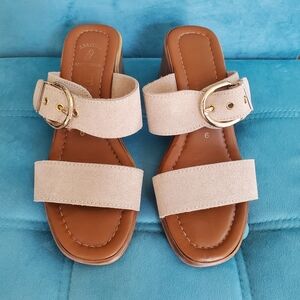 Italian Shoemakers Cream Mules with Gold Buckle